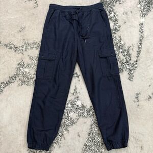 Gap Khakis Linen Blend Cargo Jogger Pants Navy Drawstring Elastic Waist Small